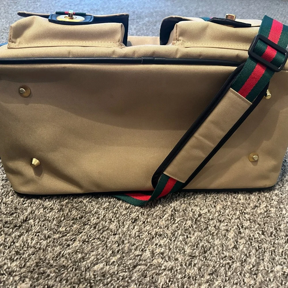 Tan Pet carrier bag with Striped Accents.